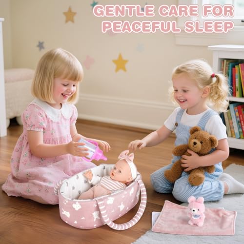 Dreamon Baby Doll Set 12" Baby Doll with Feeding & Caring Accessories, Pink | 11Pcs Doll Playsets with Carrier Bassinet Bed, Bedtime Pretend Play First Baby Doll Toy for 3 4 5 Year Old Girl Birthday Gift