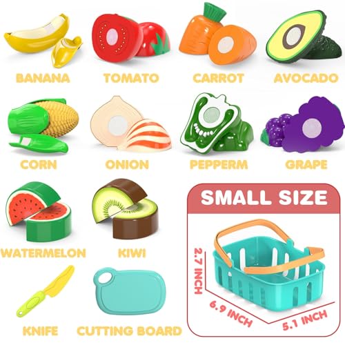 Cutting Play Food Toys for Kid, Pretend Play Kitchen Accessories, Fake Food | Shopping Storage Basket, Cutting Fruits/Vegetables, Plastic Board and Knife, Birthday Gifts/Educational Toy for Children