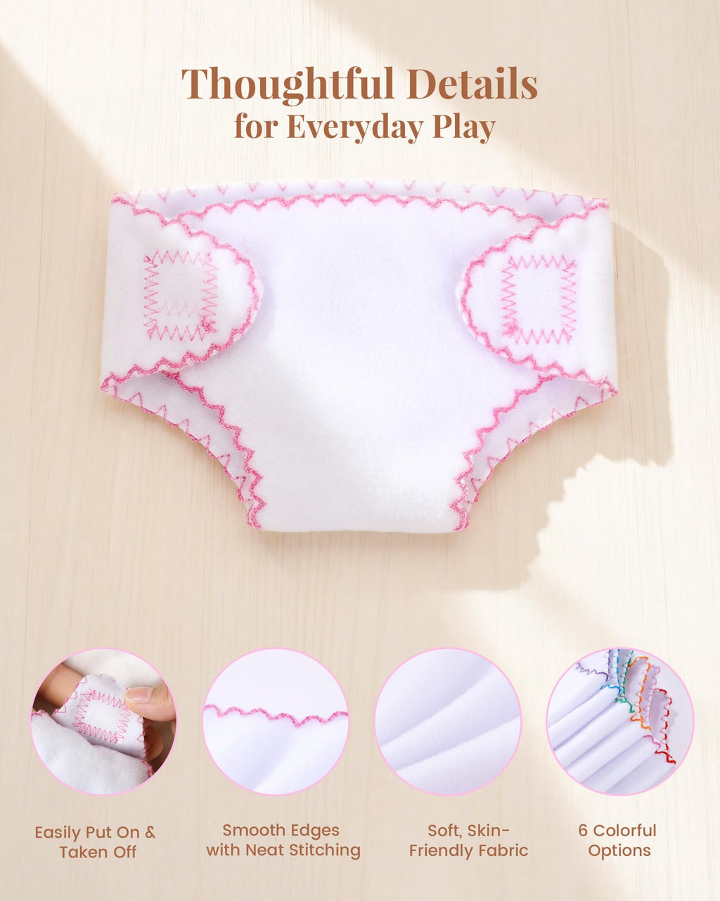 BABESIDE Baby Doll Diapers, 6 Reusable Diapers for 12-15 Inch Baby Dolls | Washable Baby Doll Accessories for Diaper Changing Pretend Play, Doll Diaper Set for Ages 3+