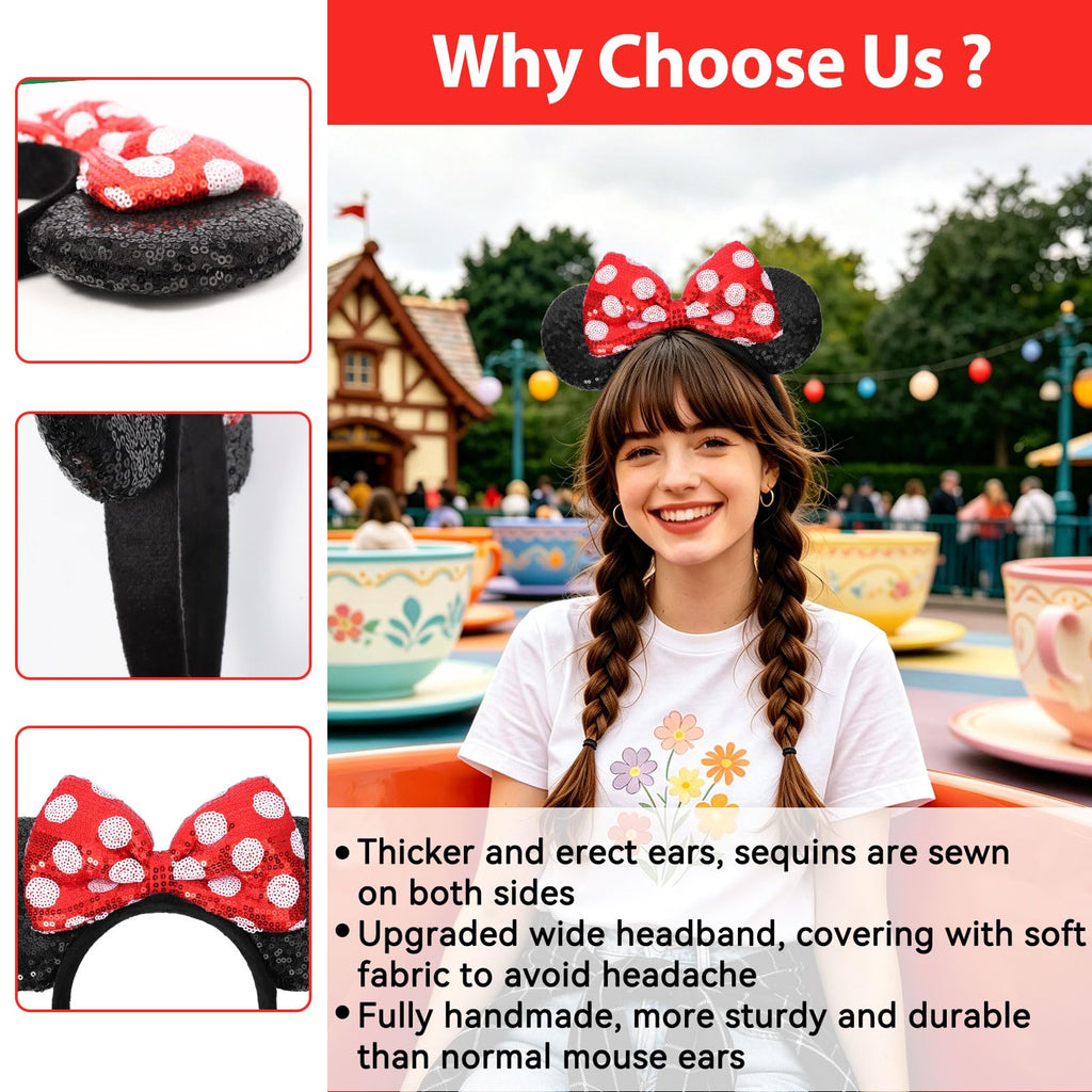 UNSPAZ Mouse Ears Headbands, Sequin Mouse Ears for Women Girls Boys, Shiny Bow Headband for Cosplay Costume Party Decorations Hair Accessories (Polka Dots)