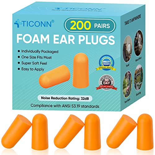 TICONN 200 Pairs Foam Ear Plugs Individually Wrapped, 32dB NRR for Sleep | Hearing Protection, Individually Wrapped, Secure Comfortable Fit, Disposable & Hygienic, for Study, Hunting, Work & Sleep