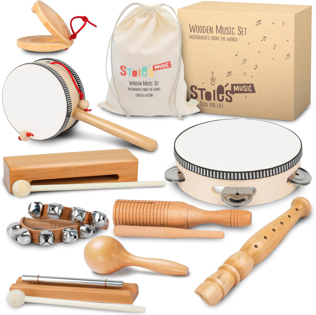 Stoie’s Wooden Musical Instruments for Kids Ages 3+, Montessori Music Toy Set for Kids with Drum, Tambourine, Maracas, Bells & Flute, Educational Preschool Toys for Boys & Girls
