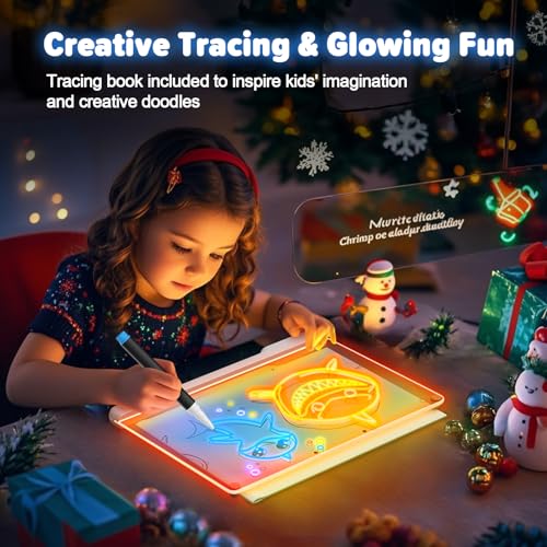 Geokay 16" Rechargeable LED Drawing Board with 9-Color Light Effects | Birthday & Christmas Gift Idea for Girls/Boys/Kids/Teens, Doodle Neon Glow Pad with Built-in Stand Tracing Book & 7 Markers