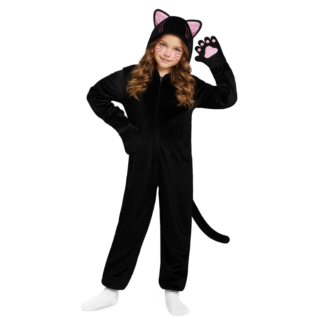 Halloween Cat Costume for Girls - Animal Costume Dress Up Gifts for Kids | Black Cat Halloween Costumes for Kids Age 3-10, Cheetah Costume Onesie, 3D Hood, Gifts for Birthday Party Cosplay, Role Play