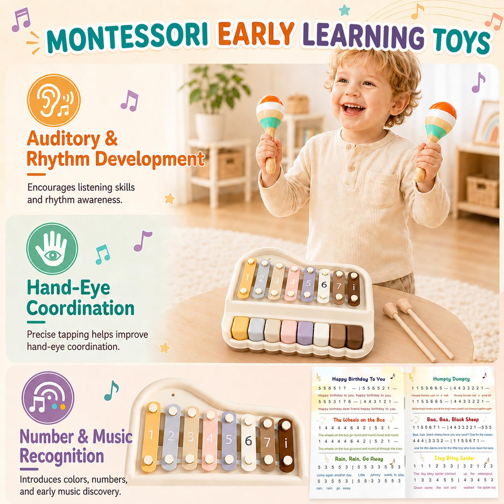 LexoPals Kids'Musical Instruments Set, Montessori Toys for Toddlers | 2-in-1 Piano Xylophone & Wooden Toys Set, Neutral Preschool Educational Percussion Instruments, Birthday Gifts for Kids