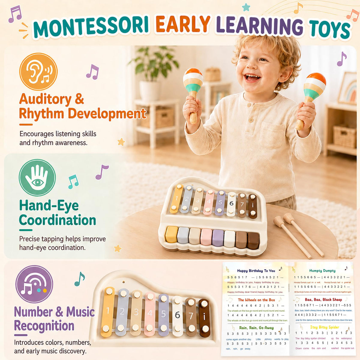 LexoPals Kids'Musical Instruments Set, Montessori Toys for Toddlers | 2-in-1 Piano Xylophone & Wooden Toys Set, Neutral Preschool Educational Percussion Instruments, Birthday Gifts for Kids