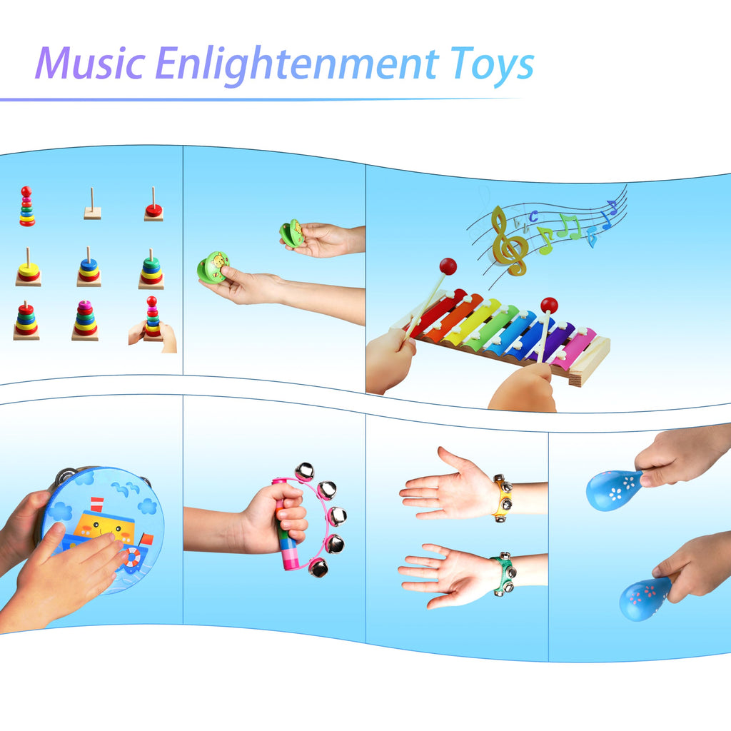 Childom Wooden Musical Instruments Set, Preschool Percussion Instrument Kit | Educational Music Learning Toy Set, Christmas Birthday Gift for Boys and Girls Ages 3 and Up, Includes Xylophone,Bells & Drum