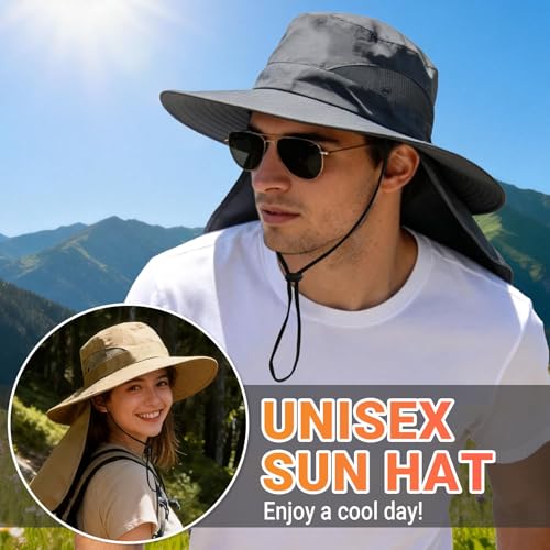 NPQQUAN Sun Hats for Men Women with Neck Flap UPF 50+ UV Protection | Wide Brim Bucket Hat, Water Resistant, Adjustable Size, Detachable Chin Strap, Foldable & Lightweight, Hiking Fishing Hats
