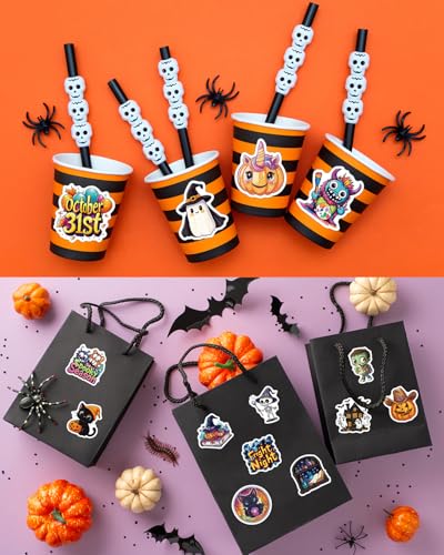 JCFIRE Halloween Stickers for Kids, 100 PCS Halloween Party Favors | 100 unique 2.3 in waterproof vinyl stickers for goodie bags, treat bags, crafts, water bottles and party favors