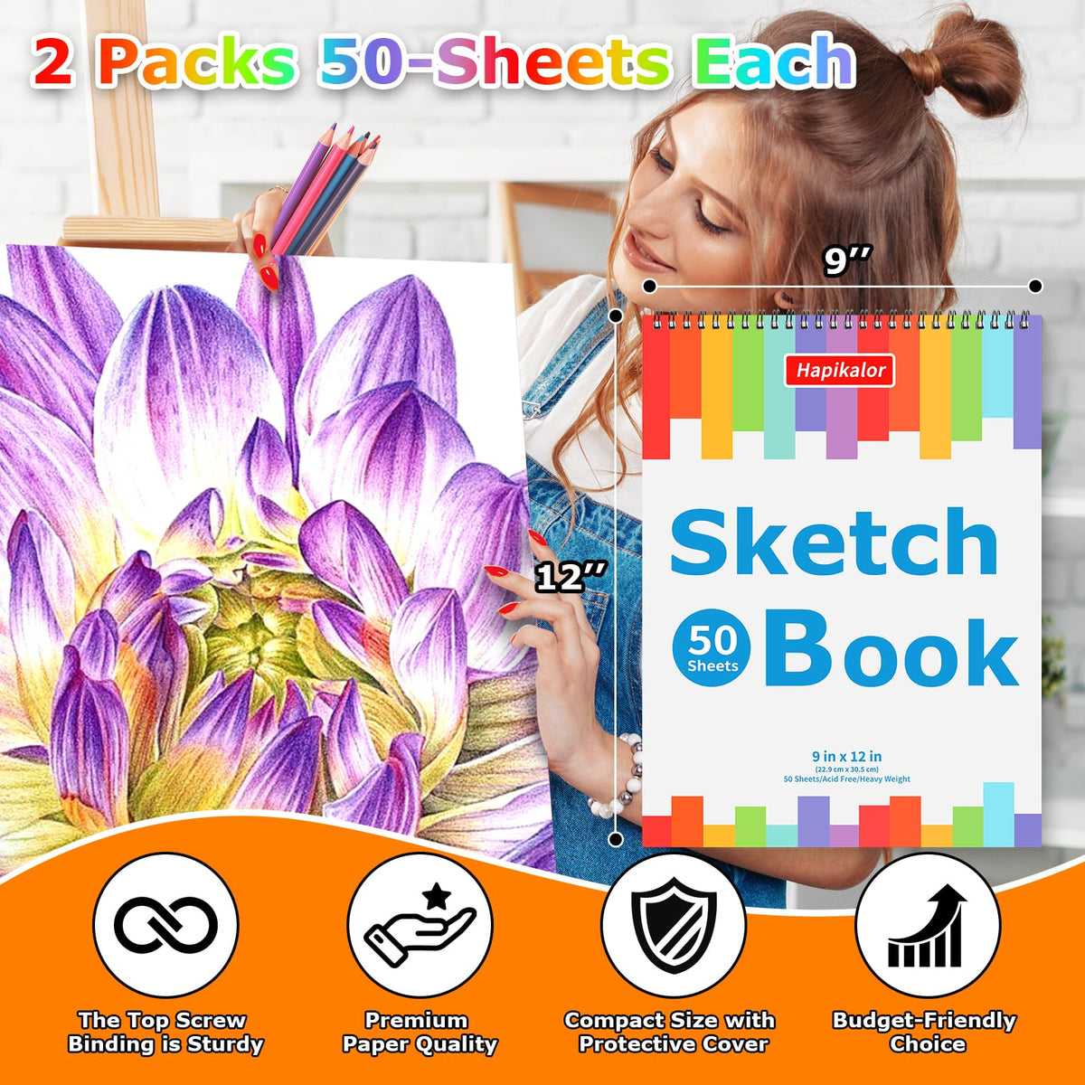 9" x 12" Sketch Book, 2-Pack 50 Sheets Spiral Bound Art Sketchbook Notebook | Acid Free Artist Drawing Book Paper, Art Supplies for Adults Kids, Coloring Book, Sketch Paper for Drawing Coloring Sketching