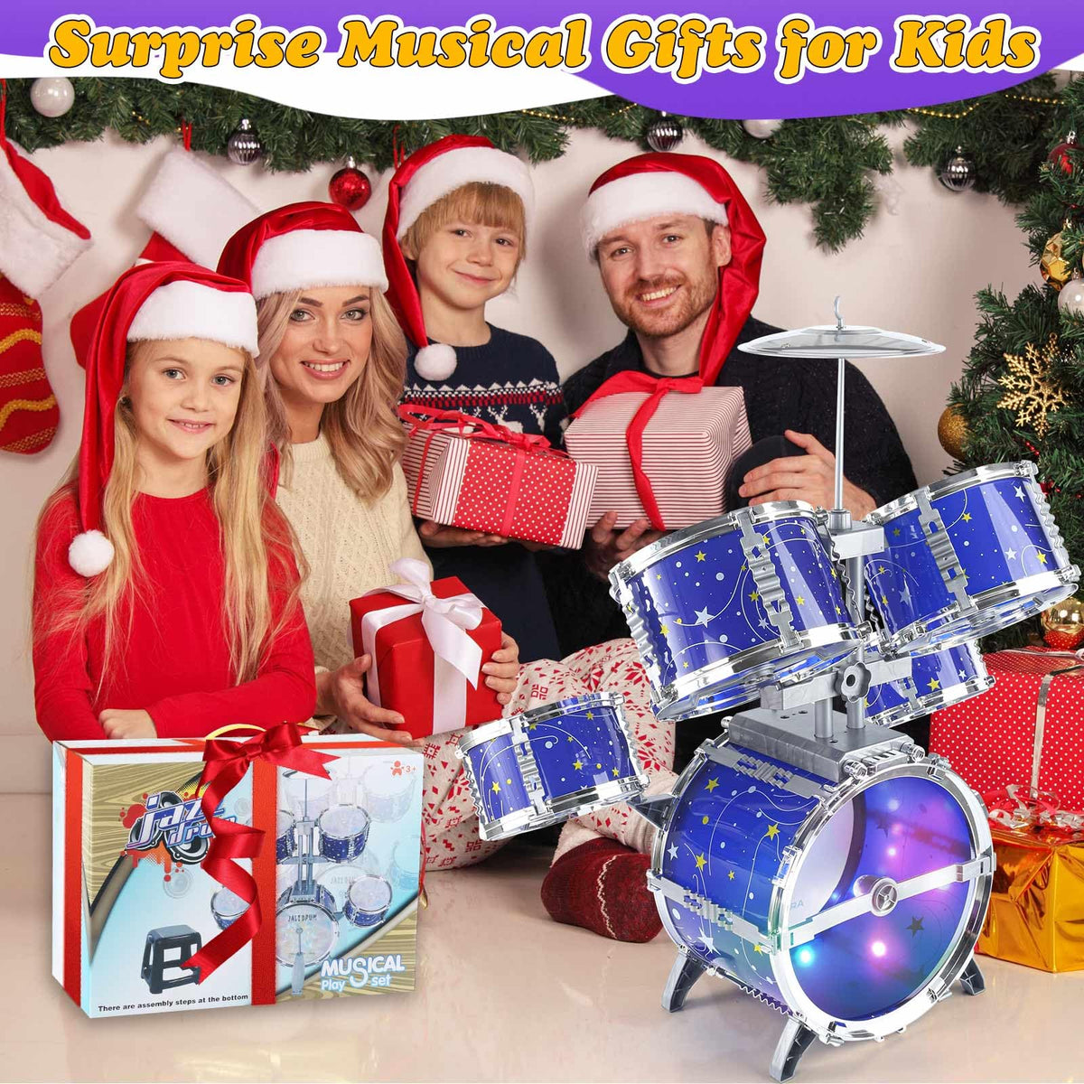 LinseyFun Upgraded Kids Drum Set for Toddlers 3-5, Light-up Jazz Drum Toy | Upgraded Kids Drum Set for Toddlers 3-5, Jazz Ages 4-6, Star Light up Musical Instrument Toy for Boys Girls 5-7 (All Plastic)