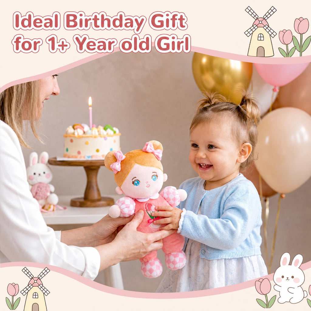 OUOZZZ Soft Baby Doll 10" Tulip Pink Snuggle Buddy Doll | First Birthday Toys for 1 Year Old Girl, Ideal 1 Year Old Girl Gifts & Baby Girl Gifts, Cuddly Toy for Infants & Toddlers