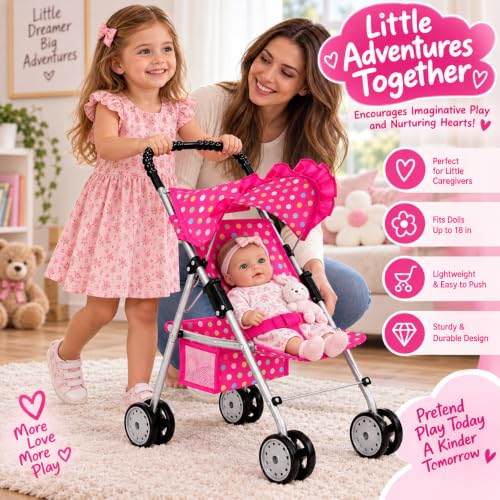 My First Baby Doll Stroller for Kids – Foldable Toy Stroller for 18 Inch Dolls with Storage Basket, Double Wheels & Canopy – Pretend Play Toy Stroller