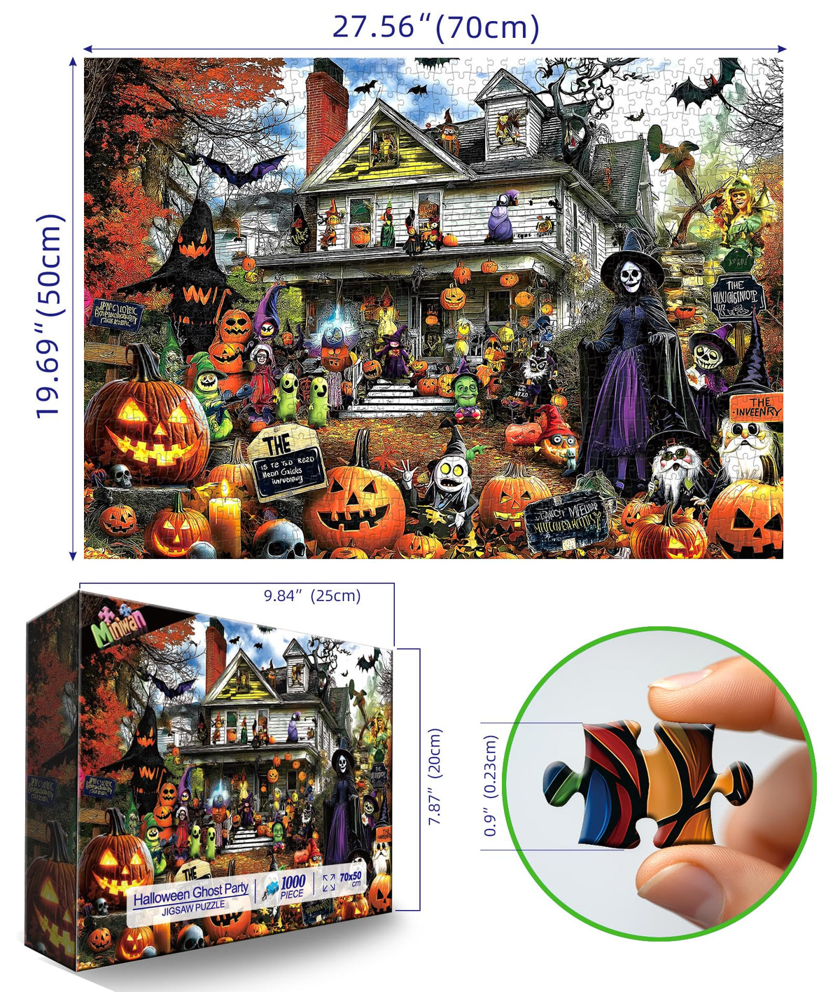 MINIWAN Halloween 1000 Piece Jigsaw Puzzle for Adults, 27.5" x 19.7" | Spooky Haunted House with Pumpkins & Witches, Challenging Fall Decor Puzzle, Unique Gift Idea for Halloween Enthusiasts
