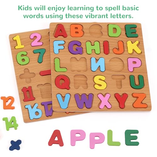 Wooden Puzzles for Kids Ages 3-5, 3 Pack ABC Number and Shape Learning Toys | 3 wooden puzzle board with ABC letters, numbers and colorful shapes for preschool learning, matching and fine motor skills