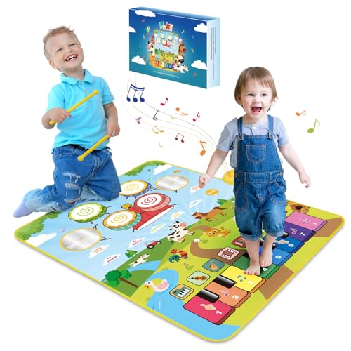 FOKI 3-in-1 Floor Piano Mat, Musical Toys for Toddlers 1-3, Baby Music Mat | 35.4 x 27.6 in Sensory Toy, 3 Sound Channels, 200-Note Record & Playback, 8 Music Cards, Gifts for 1 Year Old Boys & Girls