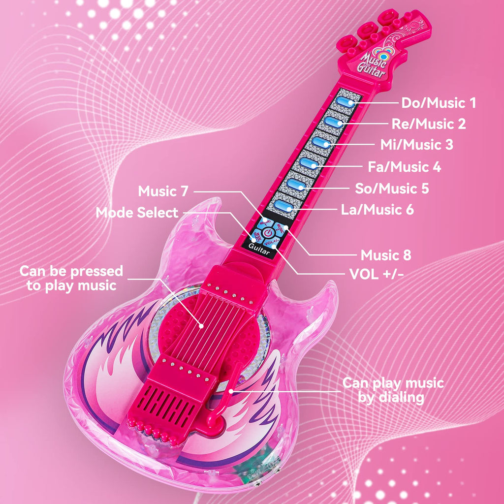 Guitar and Microphone Play Set for Girls,Karaoke Machine with Music&Light,Microphone Toys with Stand,Adjustable Height Guitar Toys for Kids,Toddlers,Child(Red)