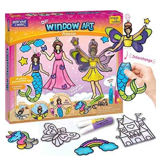 Imagimake Window Art - Princess, Mermaid, Unicorn 16 Pieces Suncatcher Kit | Stained Glass Painting Craft Activities for Kids, Creative DIY Window Clings, 5,6,7,8,9,10,12 Years Old Girls Birthday Gift