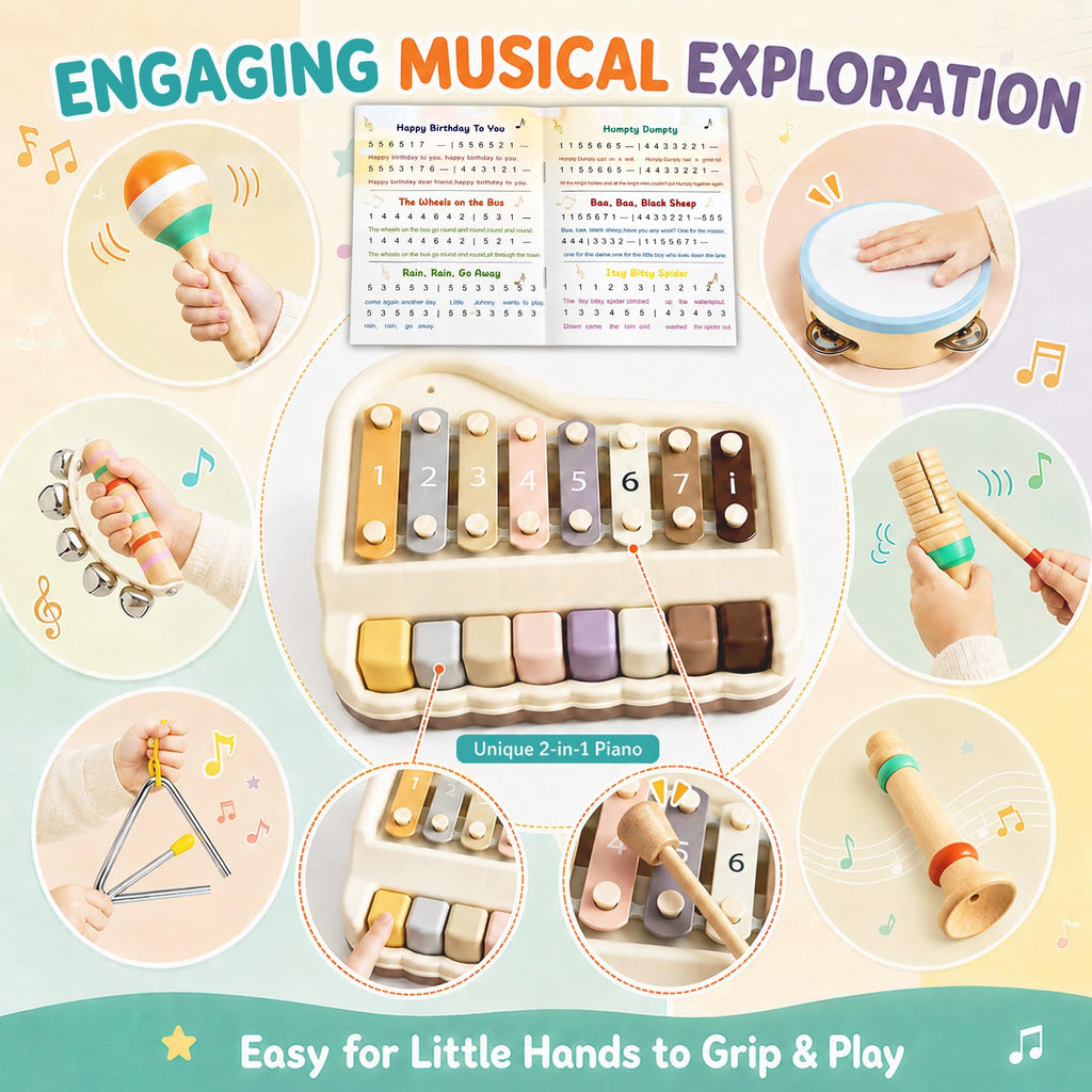 LexoPals Kids'Musical Instruments Set, Montessori Toys for Toddlers | 2-in-1 Piano Xylophone & Wooden Toys Set, Neutral Preschool Educational Percussion Instruments, Birthday Gifts for Kids