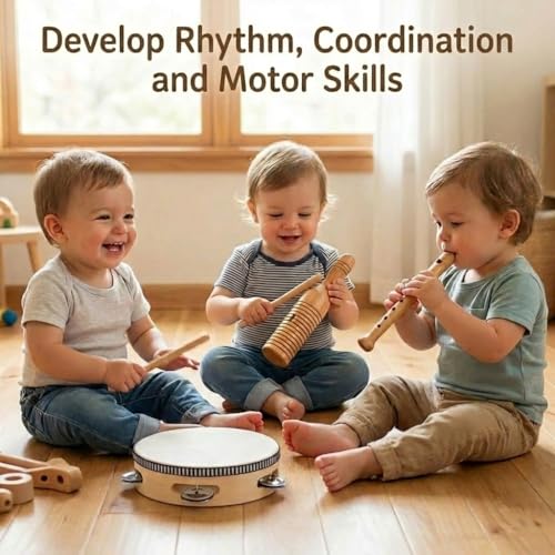 Stoie’s Wooden Musical Instruments for Kids Ages 3+, Montessori Music Toy Set for Kids with Drum, Tambourine, Maracas, Bells & Flute, Educational Preschool Toys for Boys & Girls