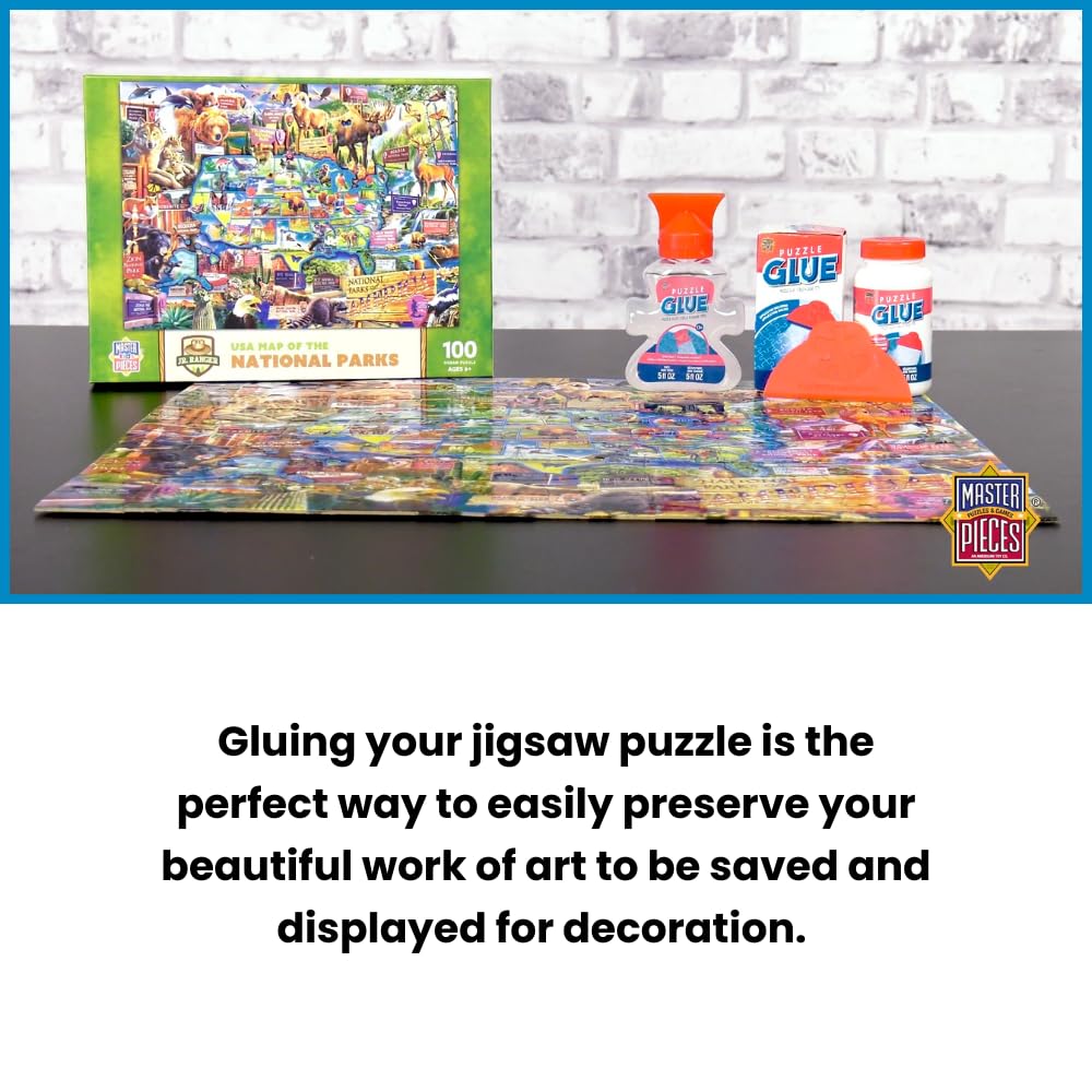 MasterPieces – Puzzle Glue with Wide Plastic Spreader, Easy to Apply, Dries Quick and Clear, Protects Finished Jigsaw Puzzles, Water-Soluble, 2 Pack, 5 oz Each