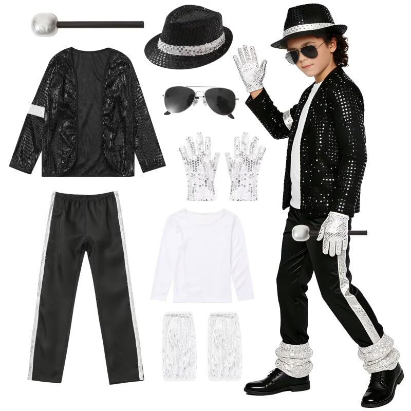 VIIOMUYE Boys Halloween Costume Set 8 Pcs 80s 90s Retro Dance Disco Cosplay | Retro dress up set with fun accessories for Halloween parties stage shows themed play ages 3 to 12 years