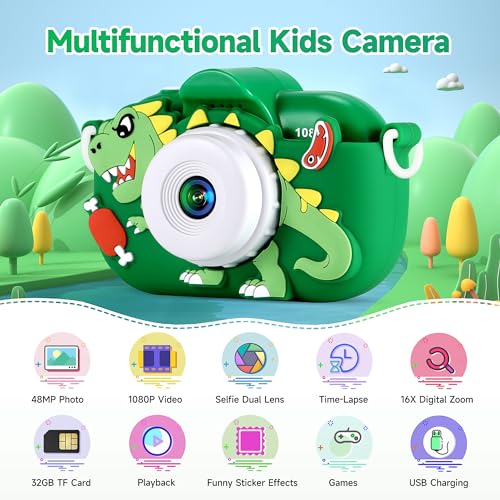 Kids Camera Boys Toys for 3 4 5 6 7 8 9 Years Old Boys, 48MP Dual Lens Kids Digital Camera Christmas Birthday Gifts, 1080P HD Video Selfie Toddler Camera with 32G SD Card