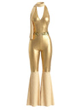 Gold 1970s Disco Sequined Halter Flared Jumpsuit