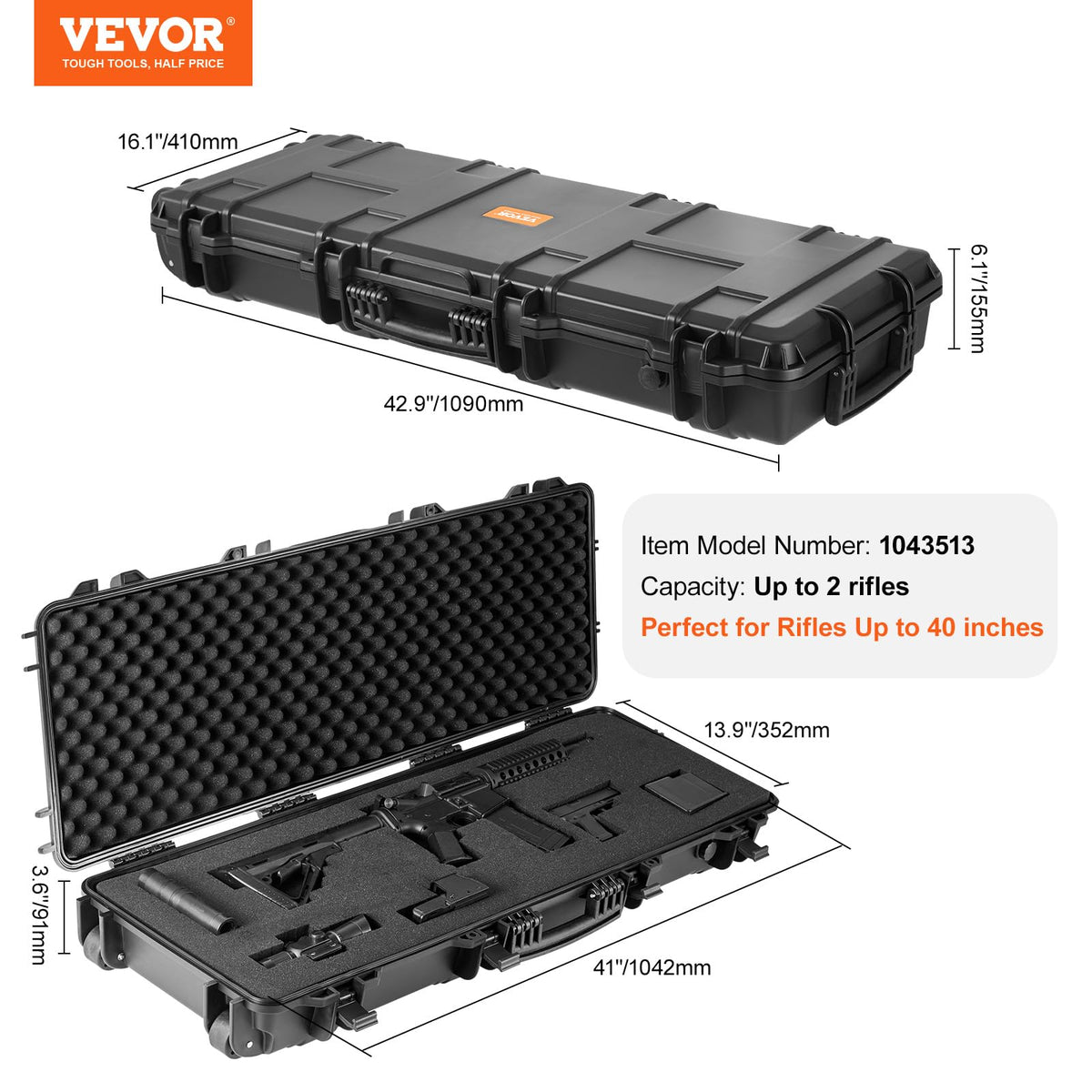 VEVOR Rifle Case, Rifle Hard Case with 4 Layers Fully-protective Foams, Lockable Hard Gun Case with Wheels, IP67 Waterproof & Crushproof, for Rifles or Shotguns