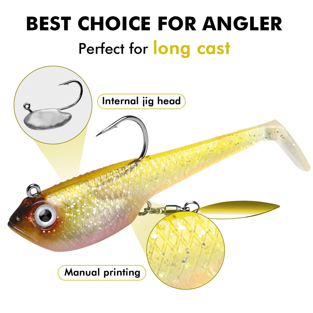 TRUSCEND Shadtale Easy Catch Soft Fishing Lures with BKK Hooks - Trembly Sinking and Vibrating Swim for More Bites, Pre-Rigged Swimbaits for Bass, Trout, Crappie, Walleye, Freshwater Saltwater Fishing