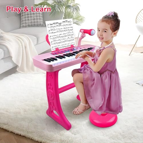 Love&Mini Kids Piano Keyboard Toys for Girls | 37-Key Kids Piano Keyboard with Stool, Stand & Microphone, Pink Piano Toys for Girls Ages 3+