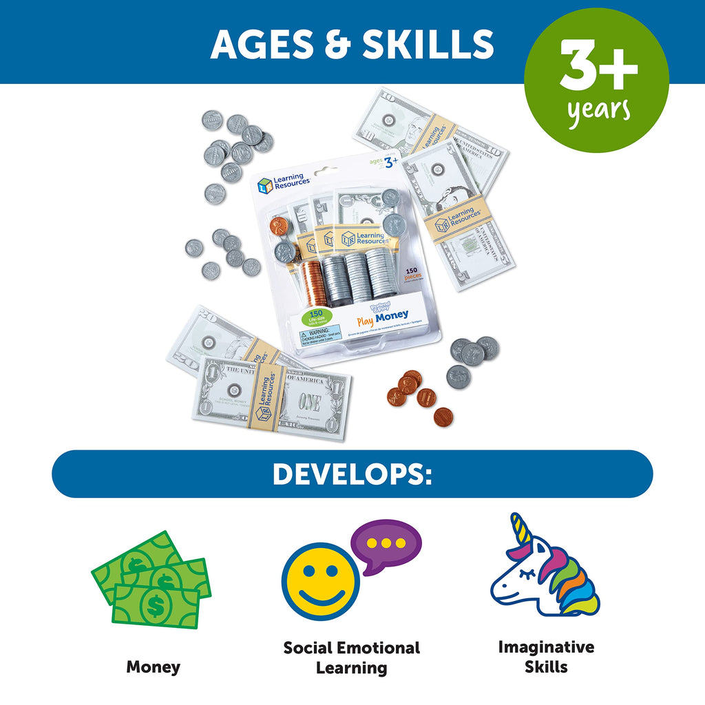Learning Resources Pretend & Play Money | Kids Cash Register, Dollars, Pretend Classroom Play Sets for Kids, Toy Currency, Toy Dollar Bills