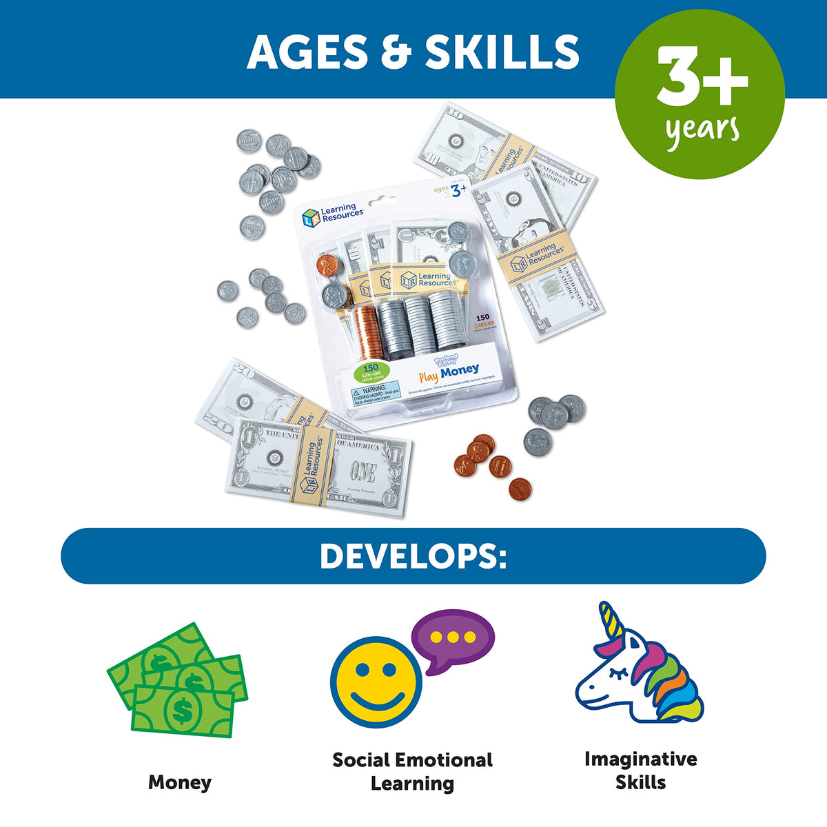 Learning Resources Pretend & Play Money | Kids Cash Register, Dollars, Pretend Classroom Play Sets for Kids, Toy Currency, Toy Dollar Bills