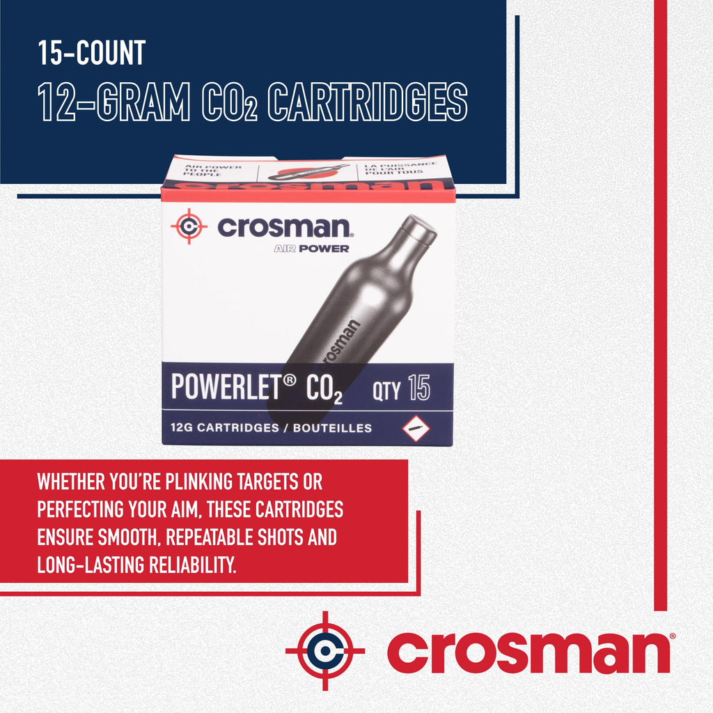 Crosman 15-Count CO2 Cartridges for Air Rifles and Air Pistols | Snug Neck Seal Prevents Gas Leaks - Strong Metal Walls Handle Heavy Use - Smooth Even Pressure For Every Shot