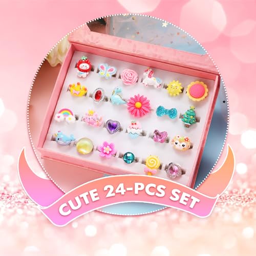 PinkSheep Little Girl Jewel Rings in Box,24 Lovely Girls Rings | Adjustable,No Duplication, Girl Pretend Play and Dress Up Rings,Birthday Christmas Gift
