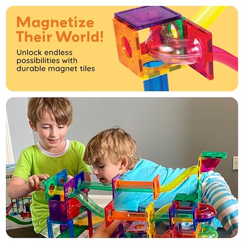 PicassoTiles 100 Piece Marble Run Magnetic Tiles Race Track STEM Ages 3+ | BPA-free ABS plastic, reinforced edges, curved slopes and U-turns, steel balls included, open-ended maze layouts, shared play