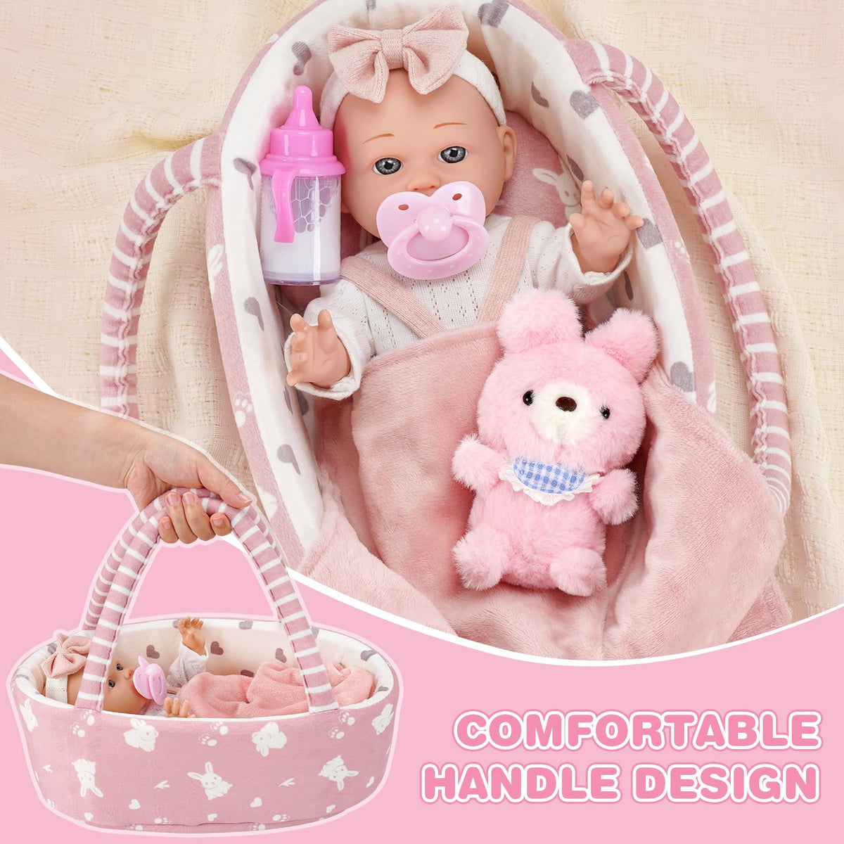 Dreamon Baby Doll Set 12" Baby Doll with Feeding & Caring Accessories, Pink | 11Pcs Doll Playsets with Carrier Bassinet Bed, Bedtime Pretend Play First Baby Doll Toy for 3 4 5 Year Old Girl Birthday Gift