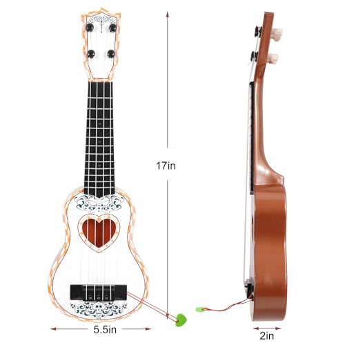 Raimy 17in Ukulele Guitar for Kids, 4 String Mini Toddler Music Toy | Kids Ukulele, Educational Musical Instrument for Beginners, Birthday Gift for Age 3 4 5 6 7 8 9 Years Boys Girls (White)