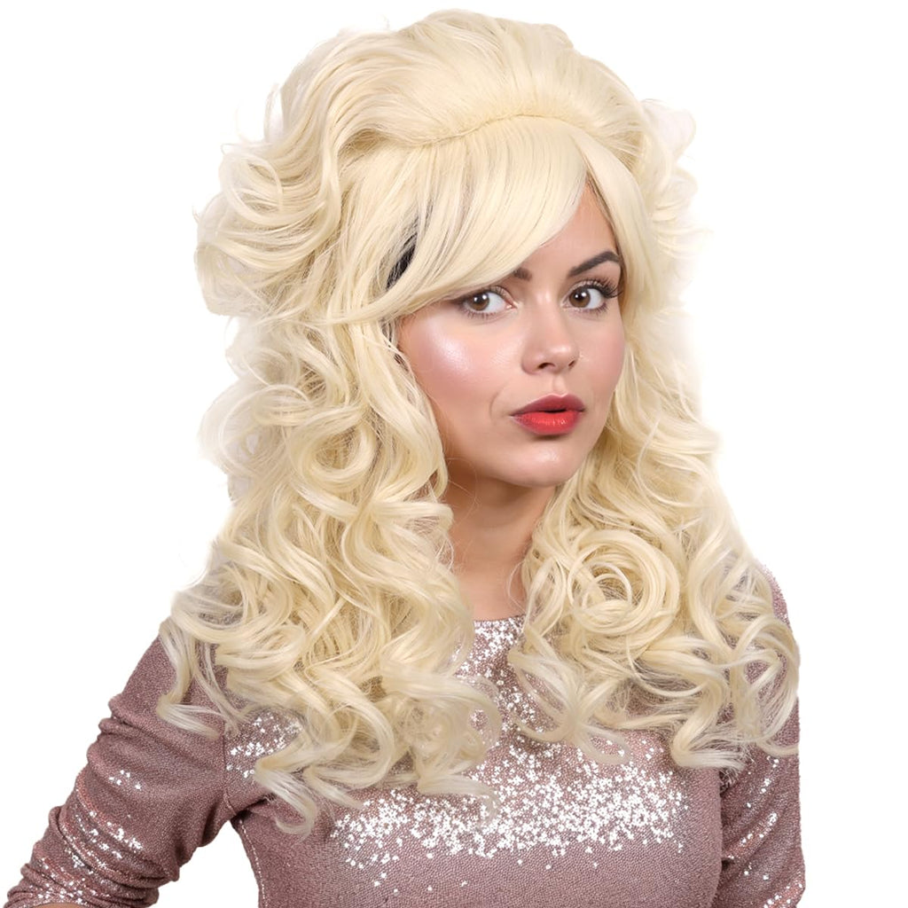 FantaLook Blonde Long Curly Wig with Bangs, Vintage Costume Wig for Women | Retro 60s 70s 80s styling wig, ideal for queen cosplay, Halloween party, disco & themed fancy dress events.