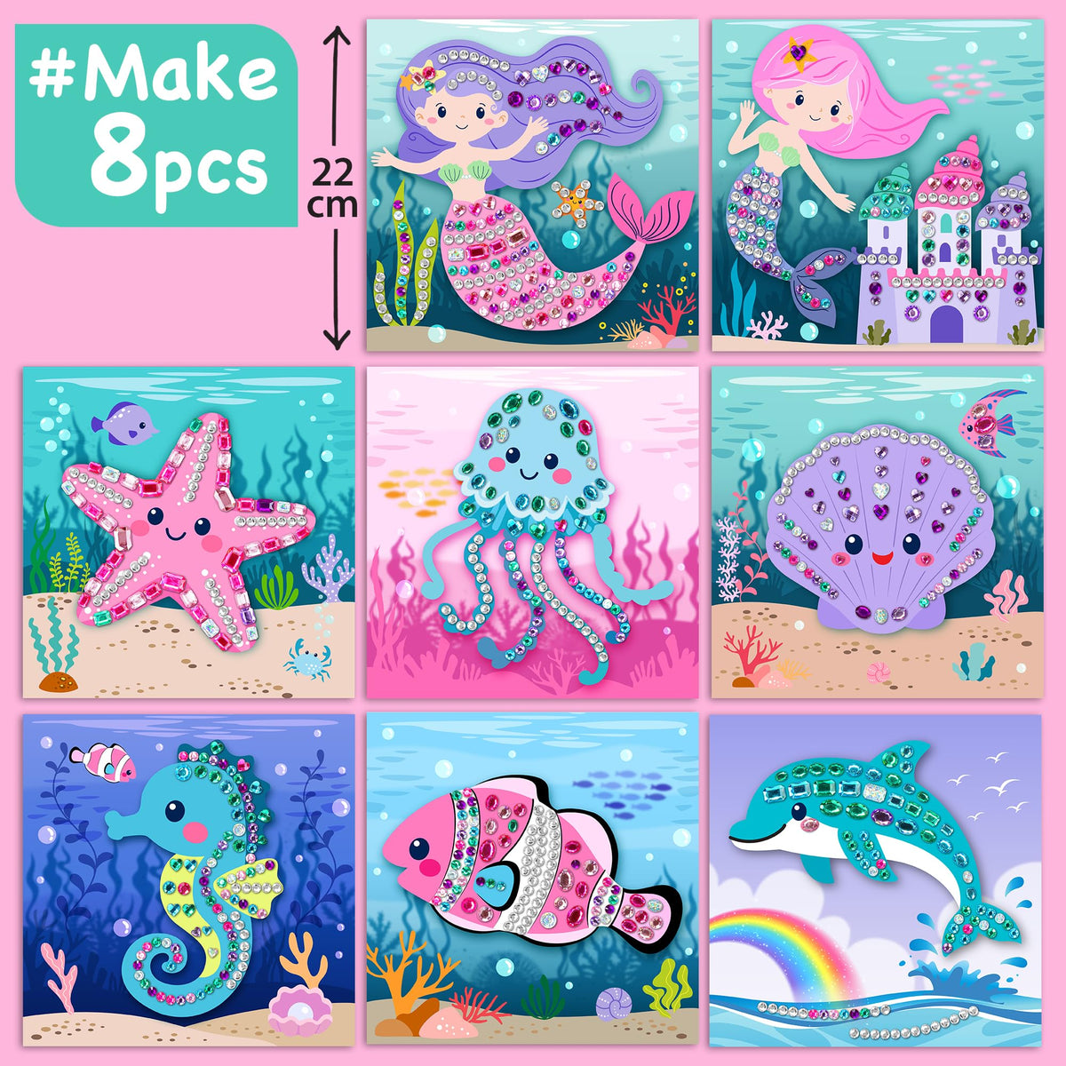 EZCRA Mermaid Gem Sticker Kit for Kids - 800 Stickers, 8 Underwater Themes