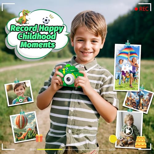 Dinosaur Kids Camera for Boys Girls, Toddler Digital Selfie Camera with Cute Protective Cover and SD Card, Christmas Birthday Gifts Toys for 3 4 5 6 7 8 9 10 11 12 Years Old Little Girls and Boys