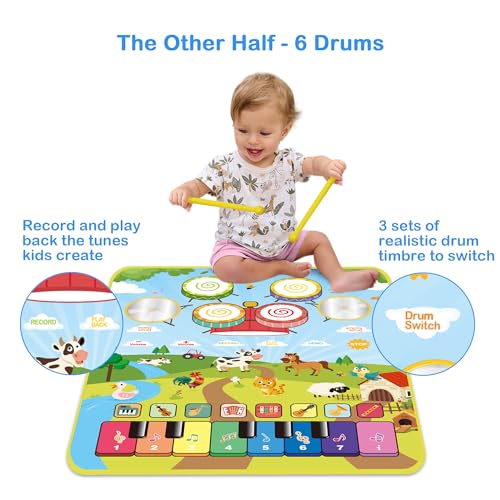 FOKI 3-in-1 Floor Piano Mat, Musical Toys for Toddlers 1-3, Baby Music Mat | 35.4 x 27.6 in Sensory Toy, 3 Sound Channels, 200-Note Record & Playback, 8 Music Cards, Gifts for 1 Year Old Boys & Girls