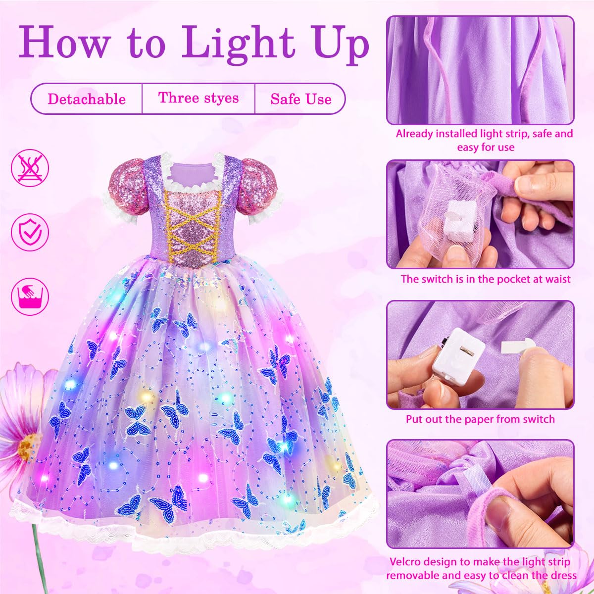 Meland Light Up Princess Dress for Girls Ages 3-10, Dress Up Toy Gift Set | Designed for party, Christmas Birthday gift, Halloween costume, detailed with sequin bodice, soft lining, comfortable to wear