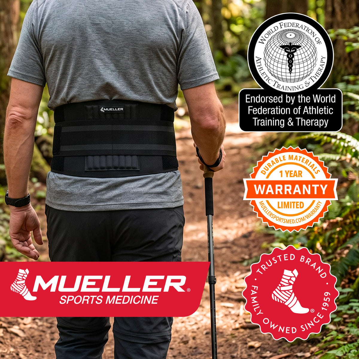 MUELLER Sports Medicine Adjustable Back Brace, Ideal for Upper and Lower Back Pain, Relief & Support for Men and Women, Strains, Sciatica, Scoliosis, Black