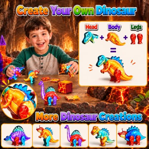 Dinosaur Toys Magnetic Tiles, 5 Movable Lava Dinosaur Toys for Kids 3-5 5-7 | 3 4 5 Year Old Boy Birthday Gift for Dinosaurs Lovers, STEM Educational Magnetic Blocks for Girls Boys Toy Age 4-6 6-8
