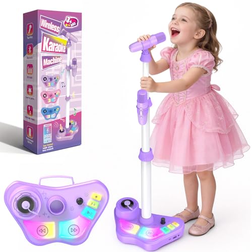 Stand Karaoke Machine for Kids, Christmas Singing Toys Gifts for 3 4 5 6 7 8 Year Old Girls Boys, Rechargeable Kid Microphone Bluetooth Speaker with 2 Mic for Girl Age 4-6 Toddler Birthday Party Toy