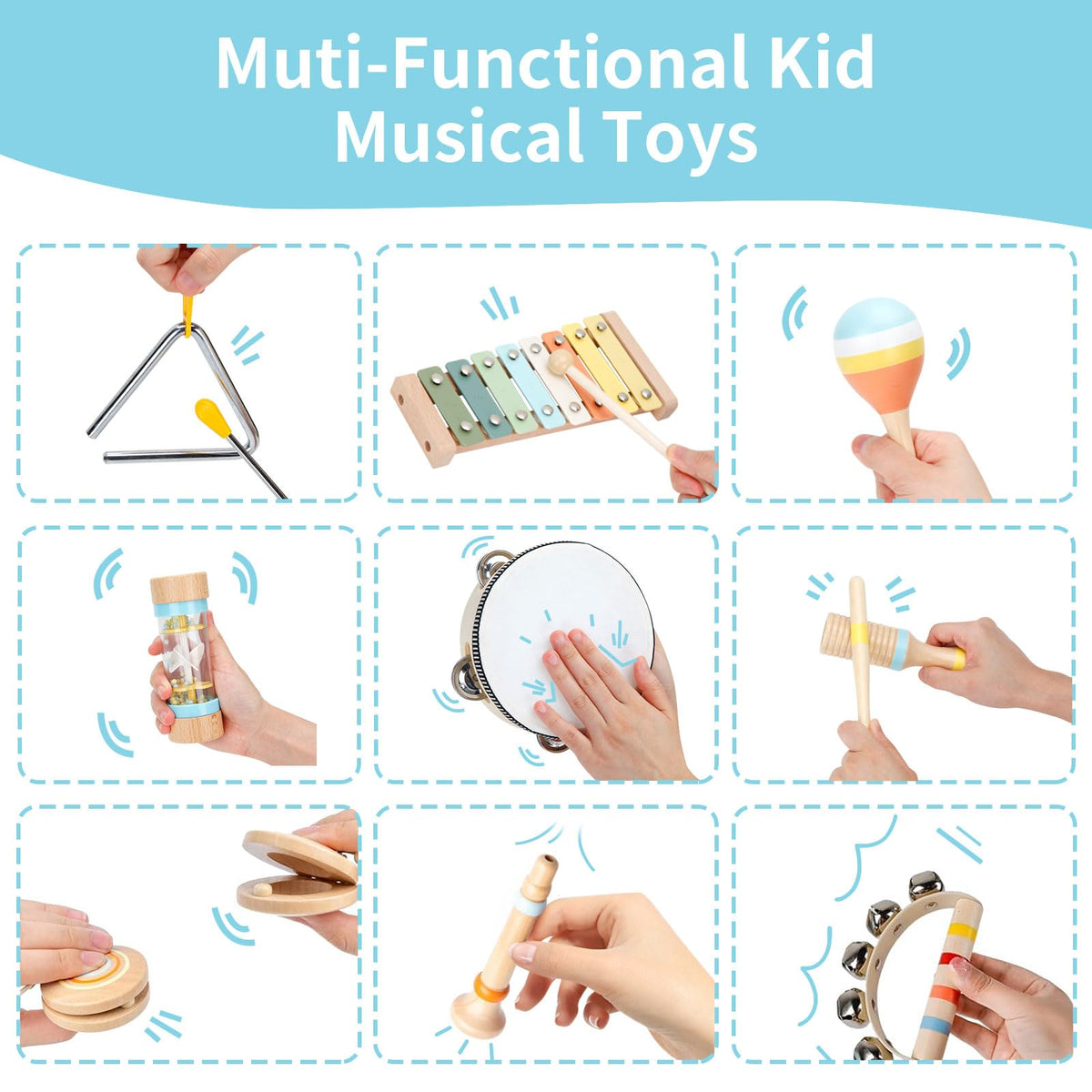 Kids Musical Instruments Set Wooden Montessori Toys for Boys and Girls | musical toy for kids 18 month+, xylophone tambourine set for kids preschool educational, Christmas birthday gift