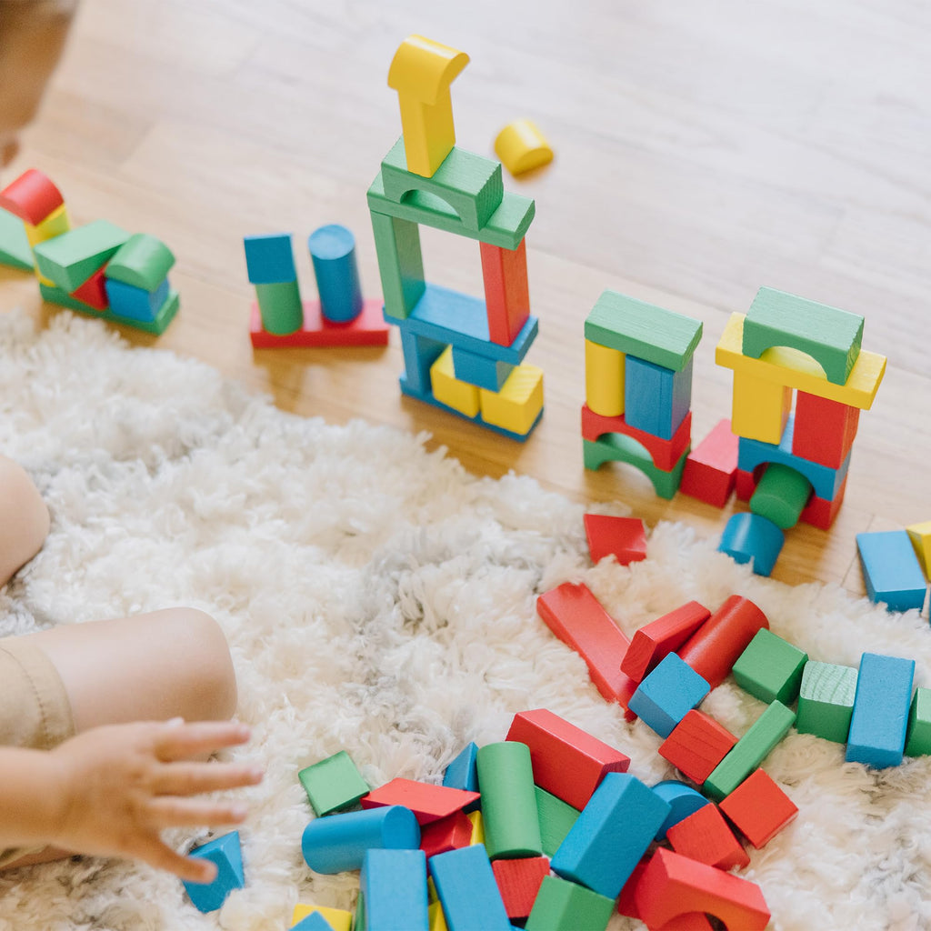 Melissa & Doug 100 Wooden Building Blocks with Storage Box | 100 Pieces, Wooden Blocks In 4 Colors & 9 Shapes, Montessori Toys, Construction Play, Toddler Learning Toys for Kids, Ages 2+