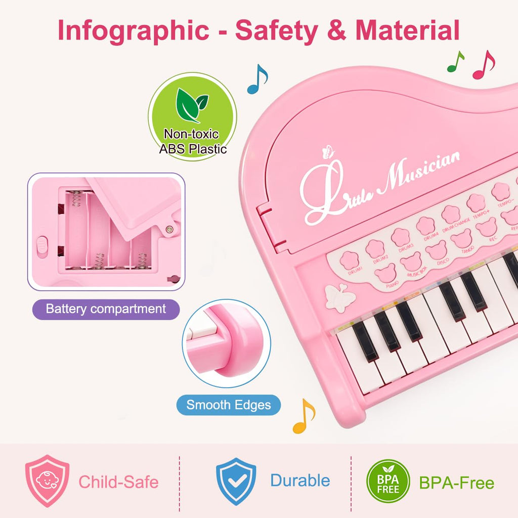 Love&Mini Piano Toys for Girls, 24-Key with Mic, Record & Playback, Ages 3+ | Kids Piano with 22 songs, 8 Percussion Sounds, LED lights, 4 Instrument Modes and Connect to MP3, Phone & Tablet