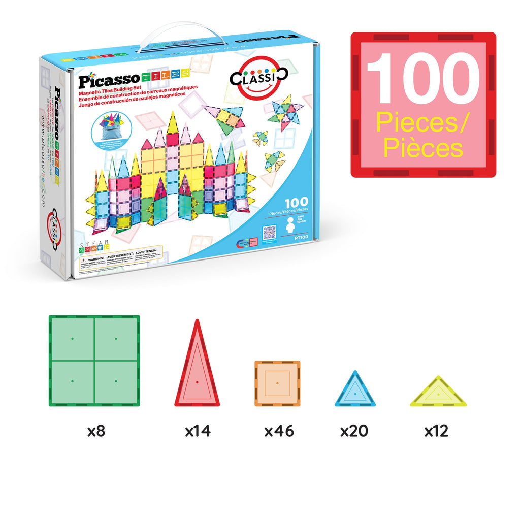 PicassoTiles 100 Piece Magnetic Tiles, Clear 3D Building Blocks for Kids 3+ | No-limit scalable builds, hands-on magnet polarity fun, family group play, quick assemble & store, shape & color recognition